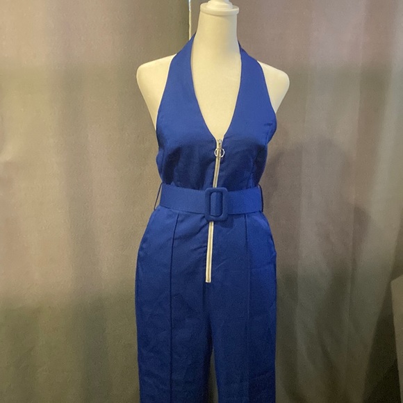 NWT WOMEN SZ L EMMIOL ROYAL BLUE BELTED SLEEVELESS JUMPSUIT - Picture 2 of 14